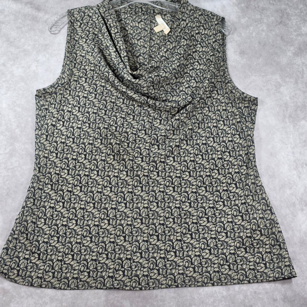 Banana Republic Blouse Women Large Black Beige Cowl Neck Sleeveless Print Top